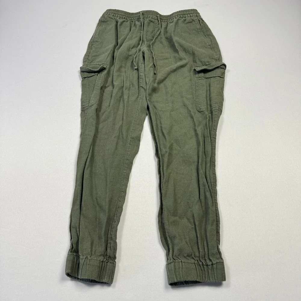 Banana Republic Jogger Pants Womens XS Green Linen Cargo Elastic Waist Cuffed‎